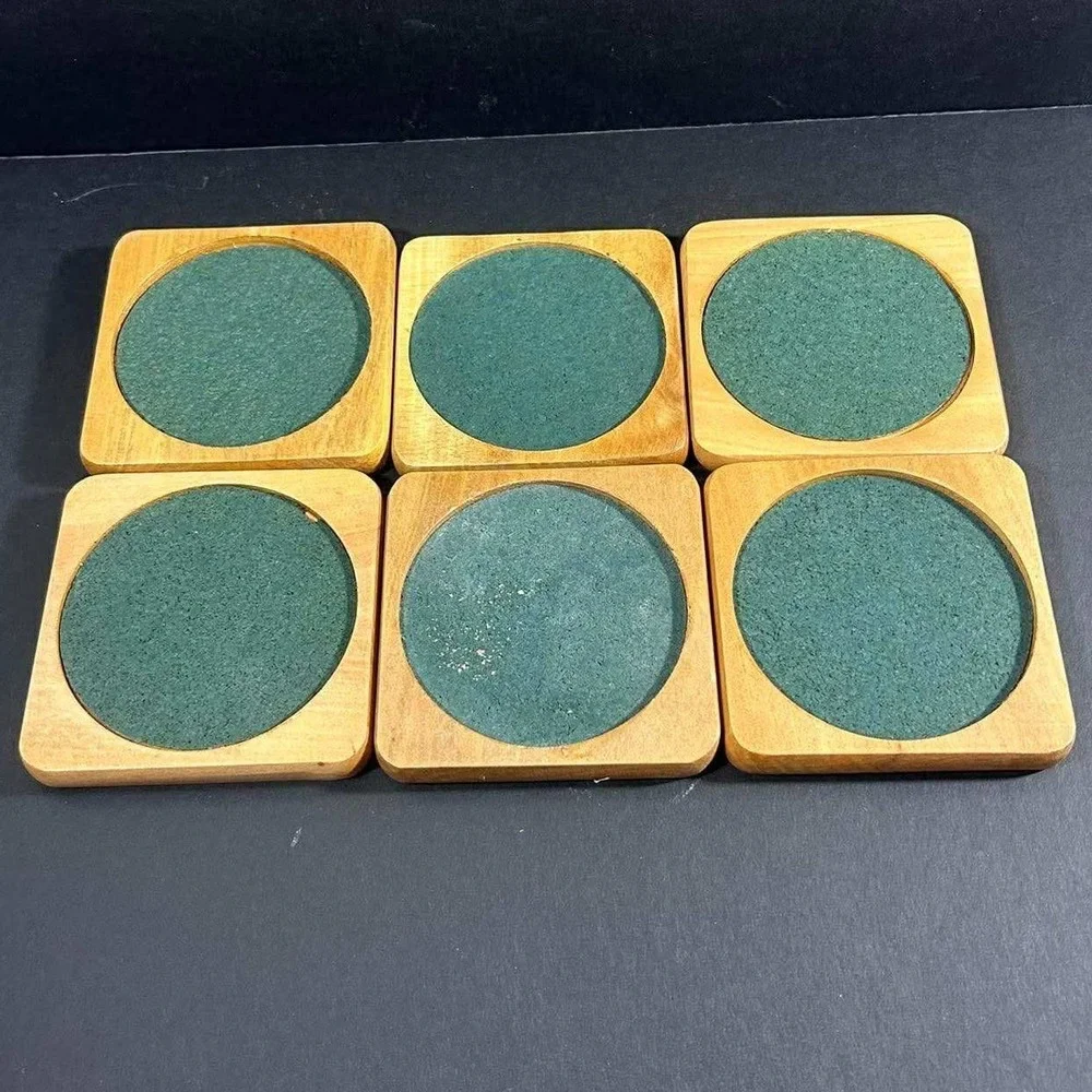 Coaster Set‎ Brown Green Wood Metal Wire Heart Caddy Vintage Cottagecore 6pc OS